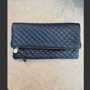Clare V. Quilted Soft Lamb Skin Leather Fold Over Clutch in Navy Dark Blue
